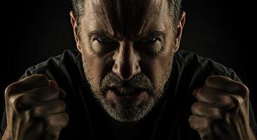Angry middle-aged man shows rage with clenched fists and intense stare photo