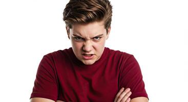 Angry teenage boy stares intensely with furious expression portrait photo