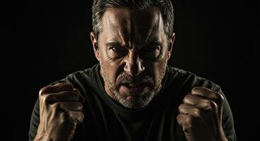 Angry middle aged man shows rage with clenched fists on dark background photo