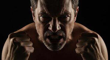 Angry middle aged man with clenched fists shows rage and aggression photo