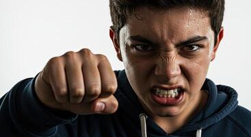 Angry teenager clenches fist in aggressive confrontation studio shot photo