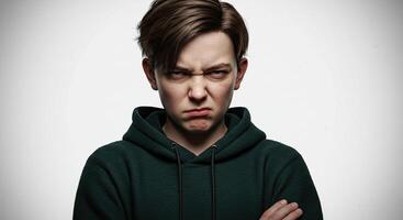 Angry teenage boy with a furrowed brow wearing a green hooded sweatshirt photo