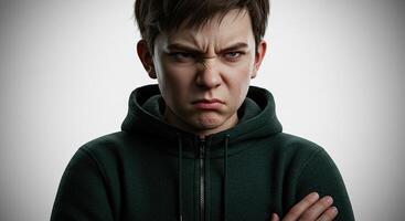Angry teenager in hoodie expressing frustration and negative emotions photo