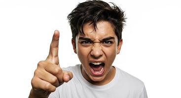 Angry teenager shouts and points finger with rage on white background photo