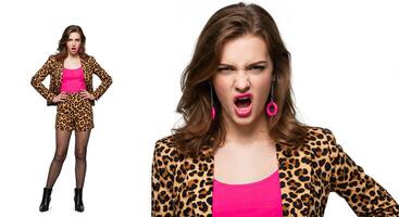 Angry young woman in leopard print outfit expressing frustration closeup photo
