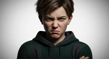Angry young boy with furrowed brows in green hoodie expressing negativity photo
