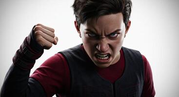 Angry young man with clenched fist expressing frustration and aggression photo