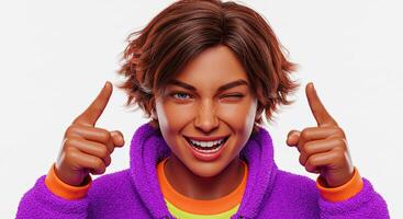 Animated young adult winking and pointing upwards with a playful smile photo
