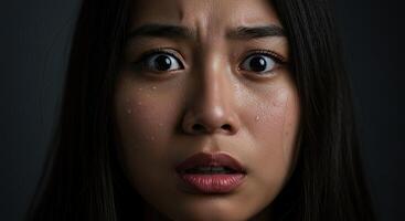 Anxious young Asian woman with wide eyes and sweat on face closeup photo