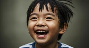 Asian boy joyfully laughing with wet face and hair in outdoor setting photo
