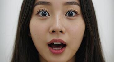 Asian woman with wide eyes and open mouth expressing surprise closeup photo