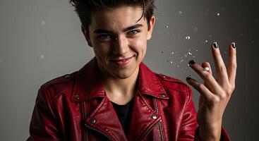 Attractive young man in a red jacket with water droplets smiling confidently photo