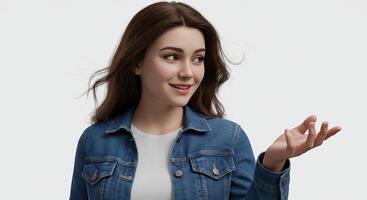 Attractive young woman in denim jacket presenting with an open hand photo