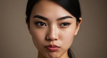 Beautiful Asian woman with freckles and brown eyes looking at camera photo