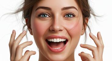 Beautiful young woman expressing joy with a wide smile and hands up photo