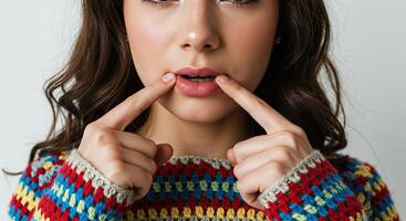 Beautiful young woman touching lips with fingers in colorful sweater photo