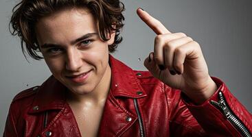 Charismatic young man in red leather jacket points up with a confident smile photo