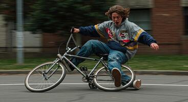 Carefree teenager riding bicycle with no tire on the road expressing joy photo
