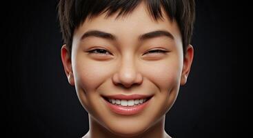 Close up of a young Asian woman winking and smiling cheerfully photo