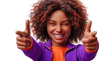 Cheerful African woman winking and playfully pointing fingers at camera photo