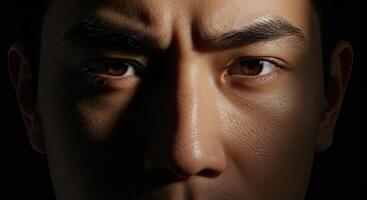 Close up of a serious Asian man's face in shadow displaying emotion photo