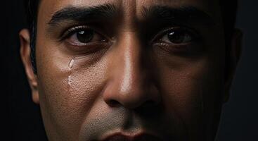 Close up of a sad Indian man with tears expressing emotional pain photo