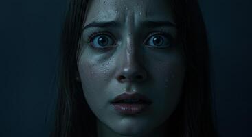 Close up of a young woman with a scared expression and sweaty face photo