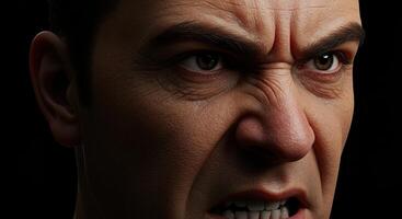 Close up of angry man with furrowed brow showing strong emotion photo