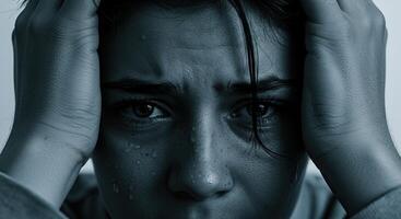 Close up of a young woman with tears and hands on her head in despair photo
