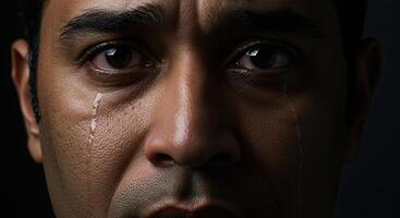 Close up portrait of a dark-skinned man with tears streaming down his face photo