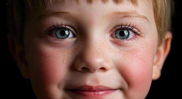 Close up portrait of a cute tearful child with blue eyes smiling slightly photo