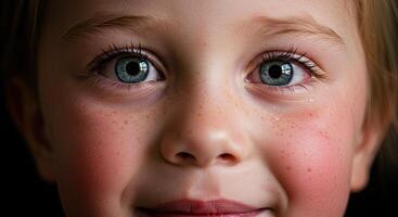 Close up portrait of a happy young girl with freckles and blue eyes photo