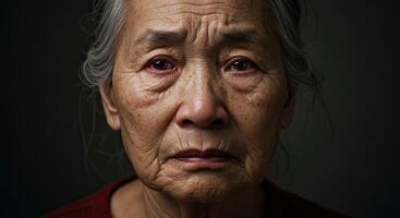 Close up portrait of a senior Asian woman showing sadness and emotion photo