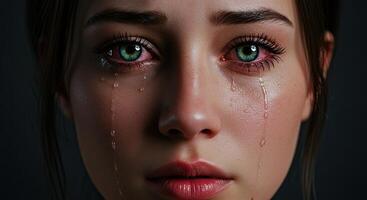 Close up portrait of a sad woman with tears running down her face in distress photo