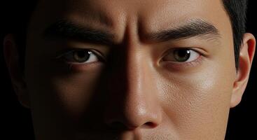 Close up portrait of a serious Asian man with furrowed brow and intense gaze photo