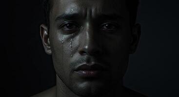 Close up portrait of a young adult man with tears streaming down face photo