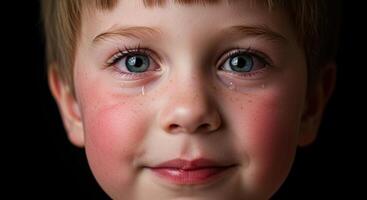 cerca arriba retrato de un joven chico con lágrimas y un esperanzado sonrisa foto