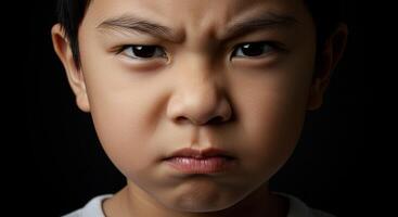 Close up portrait of angry young Asian boy with furrowed brow and scowl photo