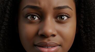 Close up portrait of an African American woman with a slightly worried look photo