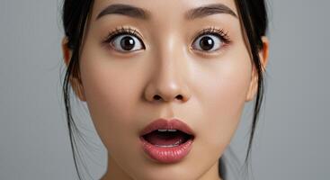 Close up portrait of an Asian woman expressing shock and surprise photo
