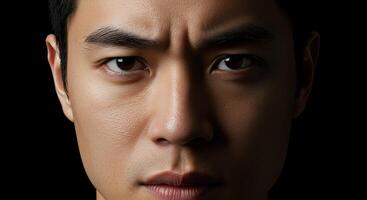 Close-up portrait of a serious Asian man with furrowed brows looking at camera photo