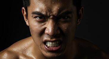 Close-up of a sweaty Asian man with an intense angry expression on face photo