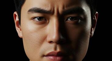 Close-up portrait of a thoughtful Asian man with furrowed brow and intense gaze photo
