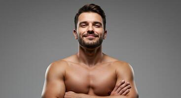 Confident shirtless man with arms crossed smiles for a portrait style shot photo