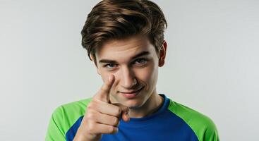 Confident teenage boy pointing directly at the viewer with a playful smirk photo