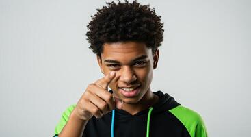 Confident young African American man pointing at the camera indoors photo