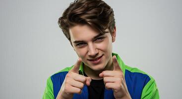 Confident teenage boy pointing fingers towards camera with a playful smile photo