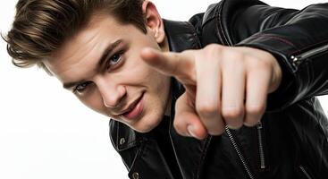 Confident young man in leather jacket pointing directly at the viewer photo