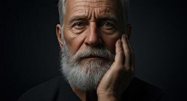 Contemplative senior man with gray beard portrait against dark background photo