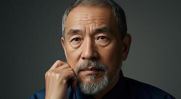 Contemplative Asian man with salt and pepper beard poses thoughtfully photo